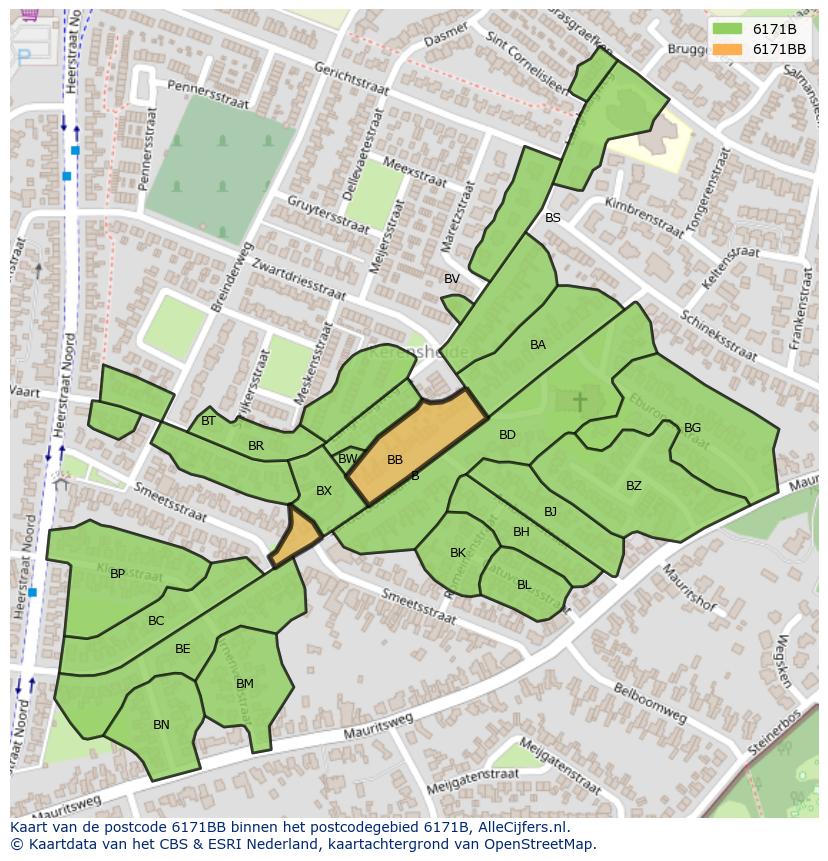 Afbeelding van het postcodegebied 6171 BB op de kaart.