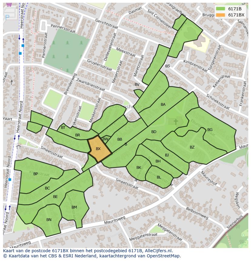 Afbeelding van het postcodegebied 6171 BX op de kaart.
