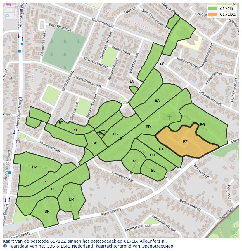 Afbeelding van het postcodegebied 6171 BZ op de kaart.