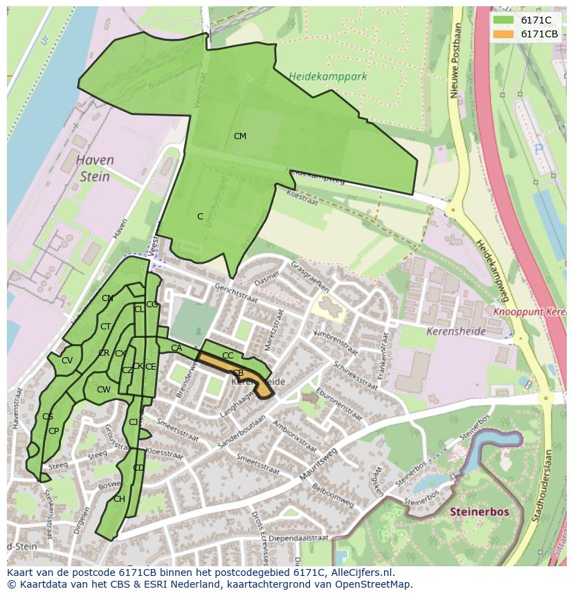 Afbeelding van het postcodegebied 6171 CB op de kaart.