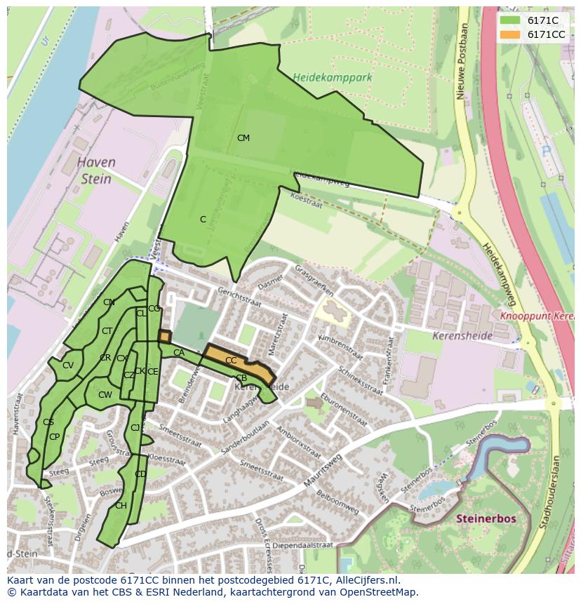 Afbeelding van het postcodegebied 6171 CC op de kaart.