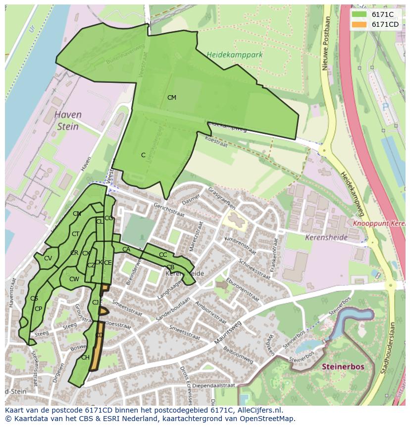 Afbeelding van het postcodegebied 6171 CD op de kaart.