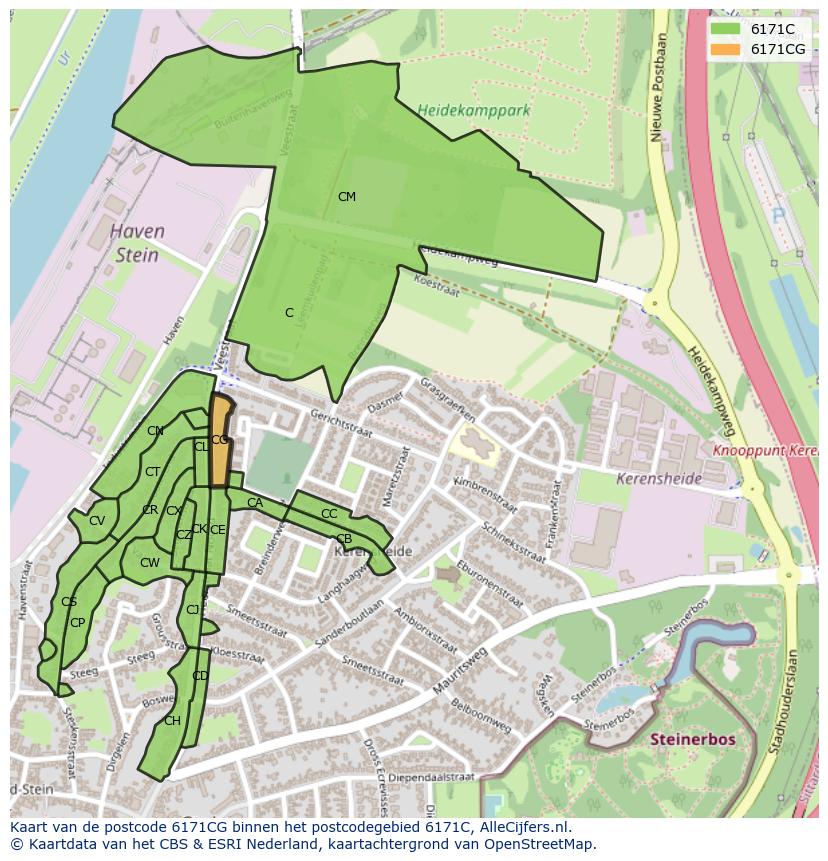 Afbeelding van het postcodegebied 6171 CG op de kaart.