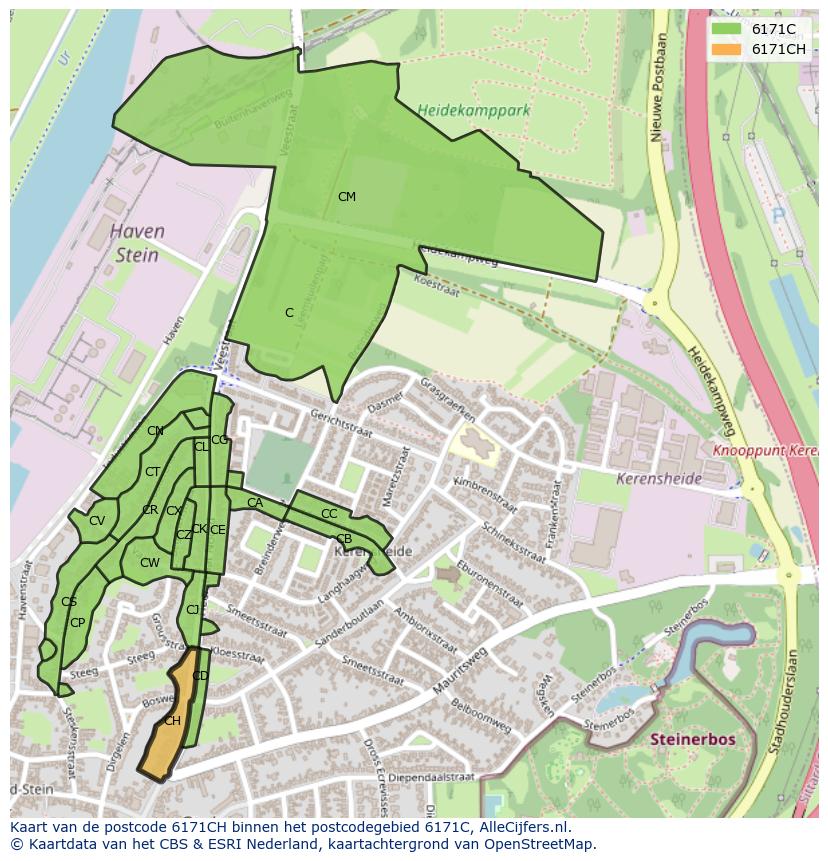 Afbeelding van het postcodegebied 6171 CH op de kaart.
