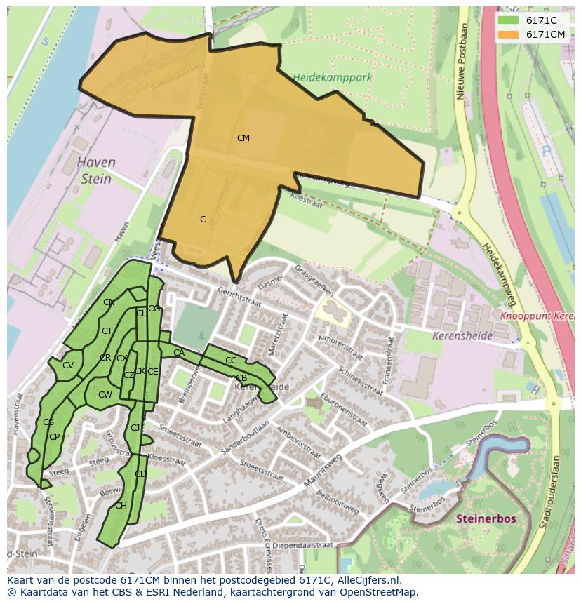 Afbeelding van het postcodegebied 6171 CM op de kaart.