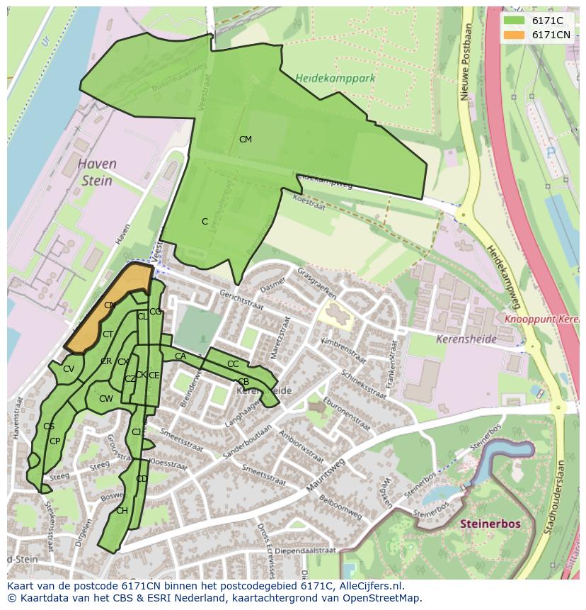 Afbeelding van het postcodegebied 6171 CN op de kaart.