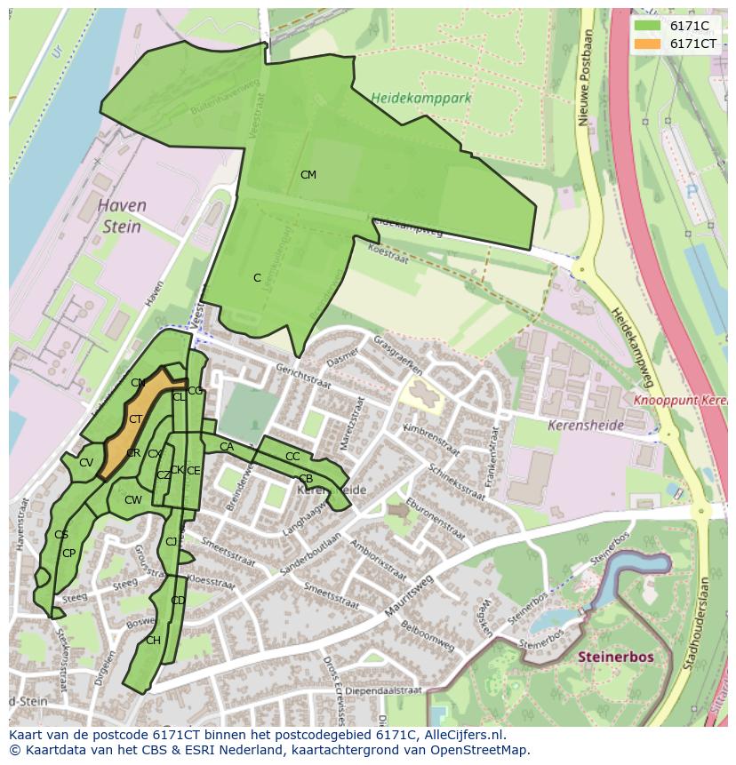 Afbeelding van het postcodegebied 6171 CT op de kaart.