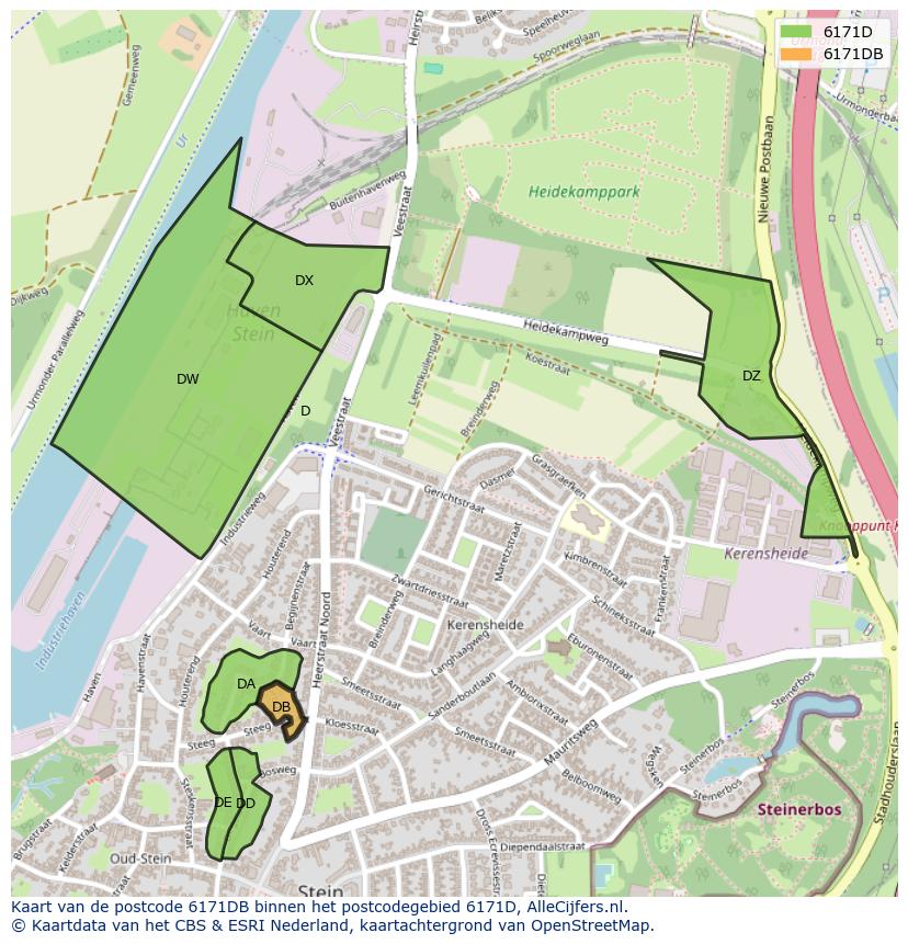 Afbeelding van het postcodegebied 6171 DB op de kaart.