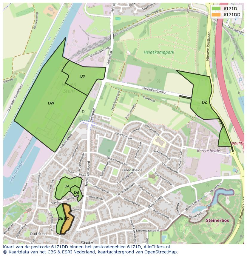 Afbeelding van het postcodegebied 6171 DD op de kaart.