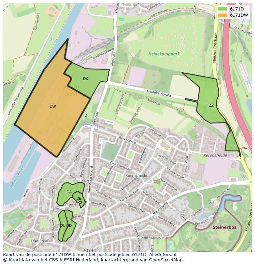 Afbeelding van het postcodegebied 6171 DW op de kaart.
