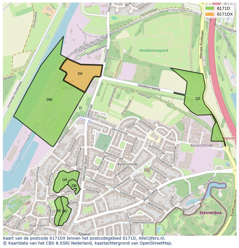 Afbeelding van het postcodegebied 6171 DX op de kaart.