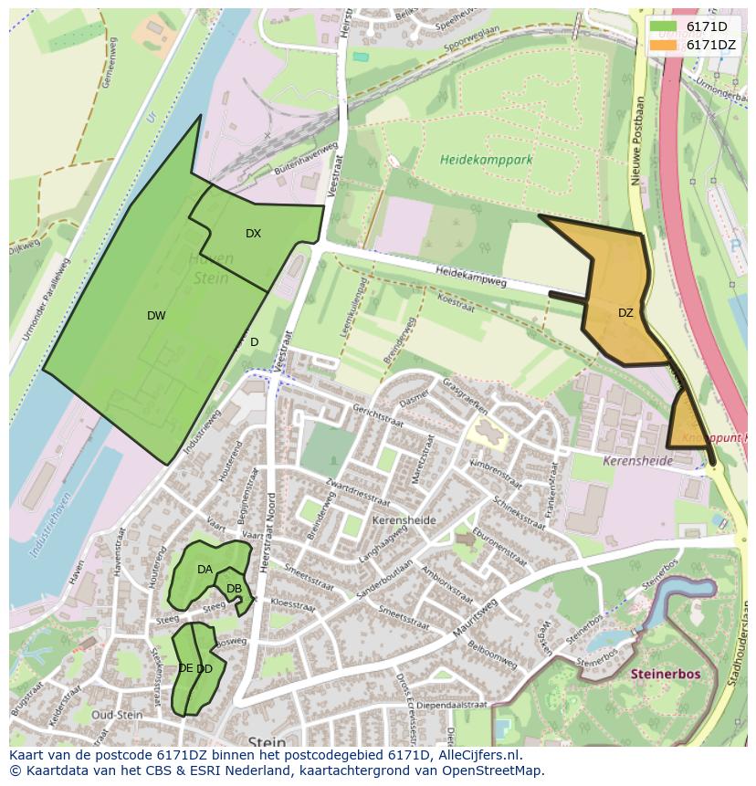 Afbeelding van het postcodegebied 6171 DZ op de kaart.