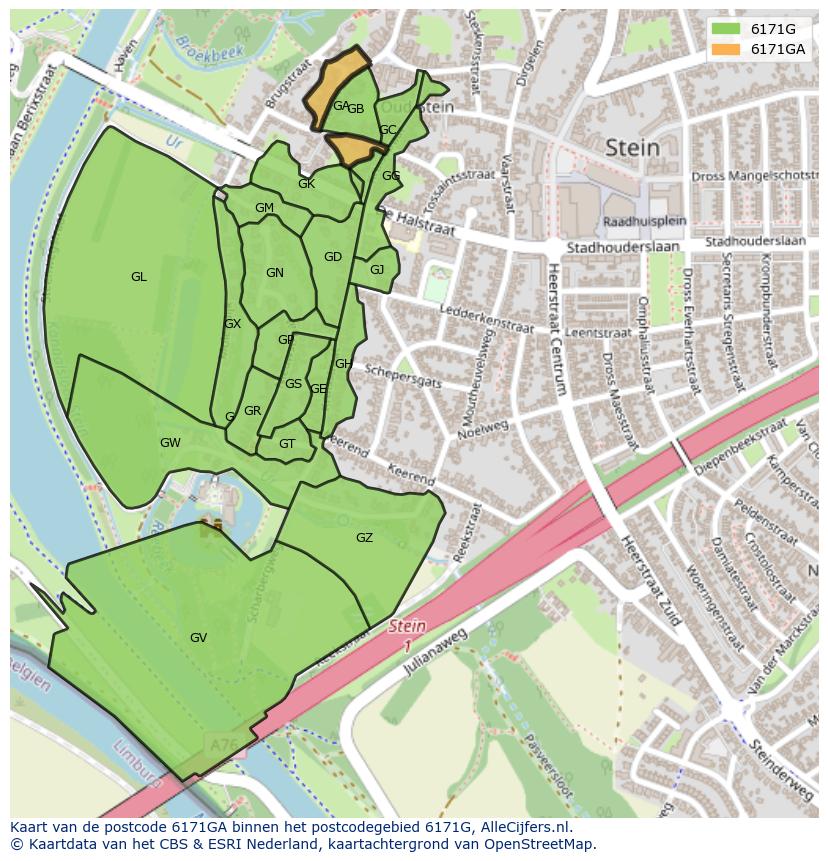Afbeelding van het postcodegebied 6171 GA op de kaart.