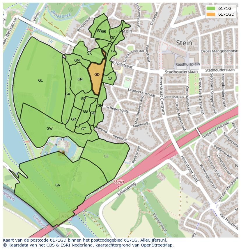 Afbeelding van het postcodegebied 6171 GD op de kaart.