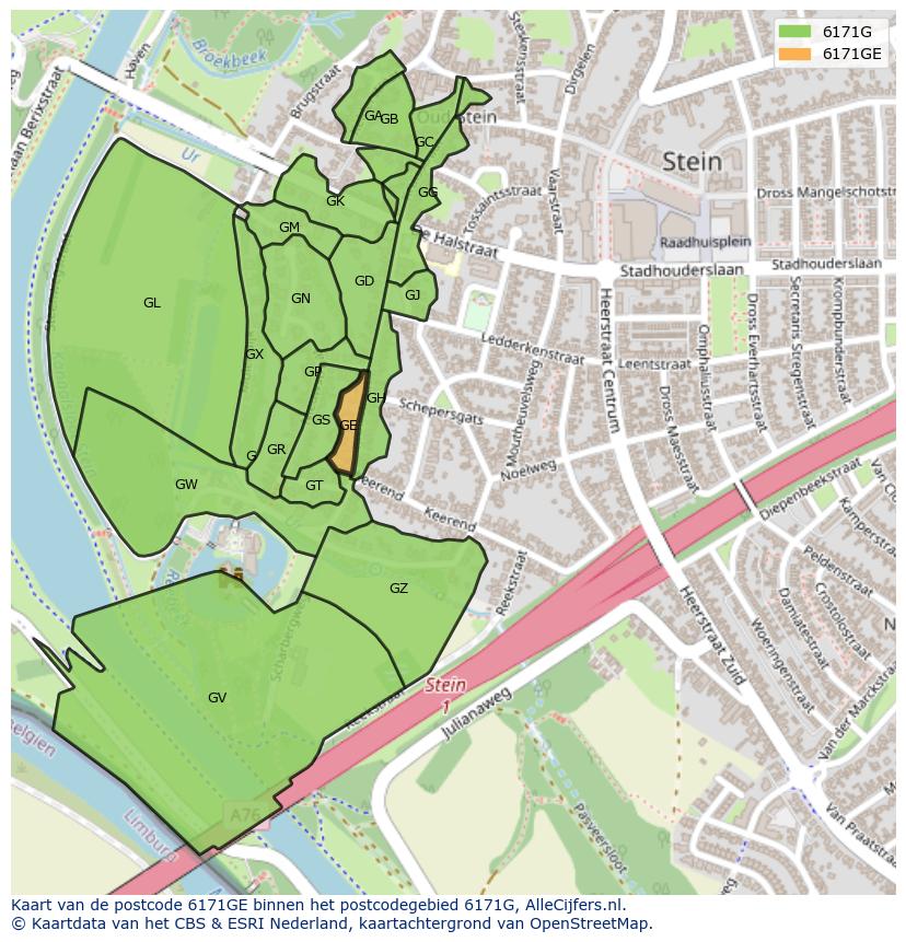Afbeelding van het postcodegebied 6171 GE op de kaart.