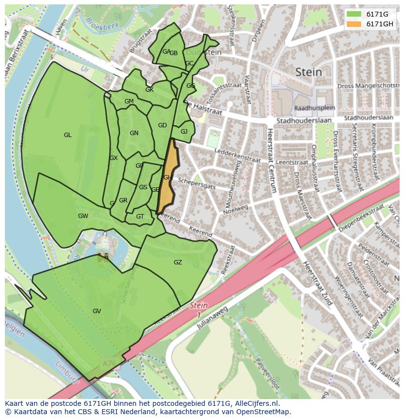 Afbeelding van het postcodegebied 6171 GH op de kaart.