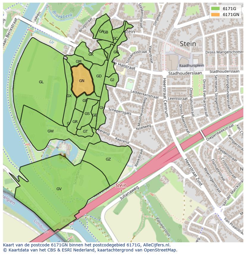Afbeelding van het postcodegebied 6171 GN op de kaart.