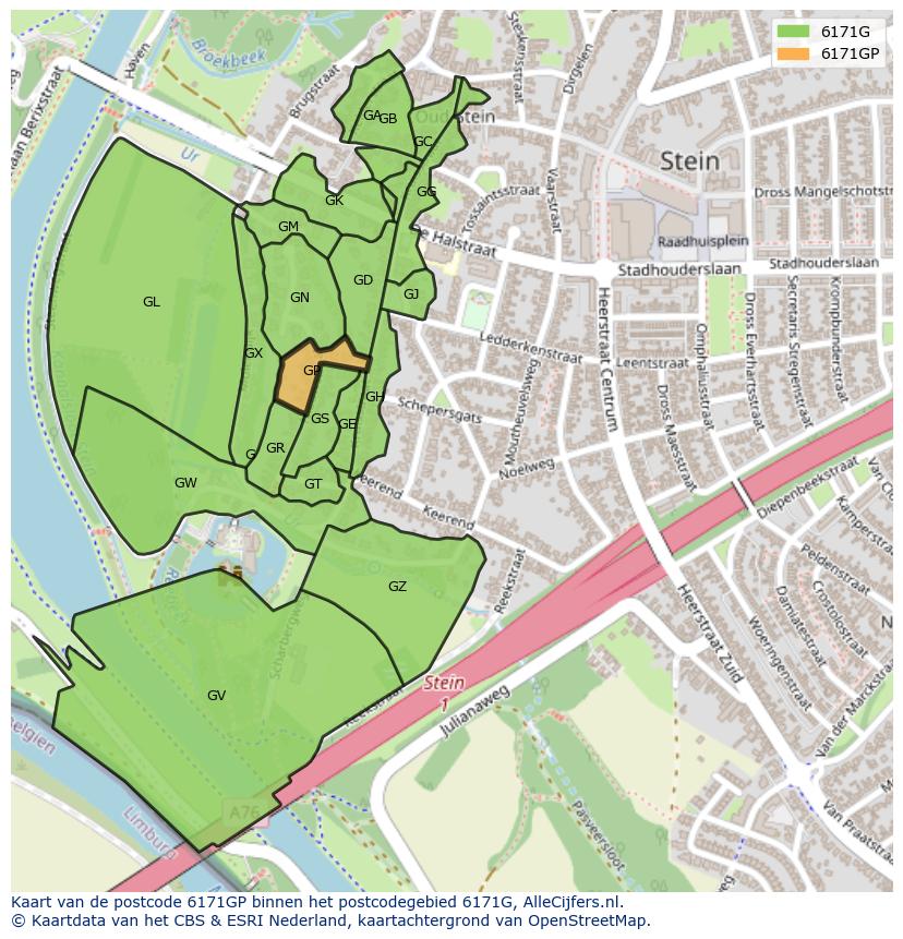 Afbeelding van het postcodegebied 6171 GP op de kaart.