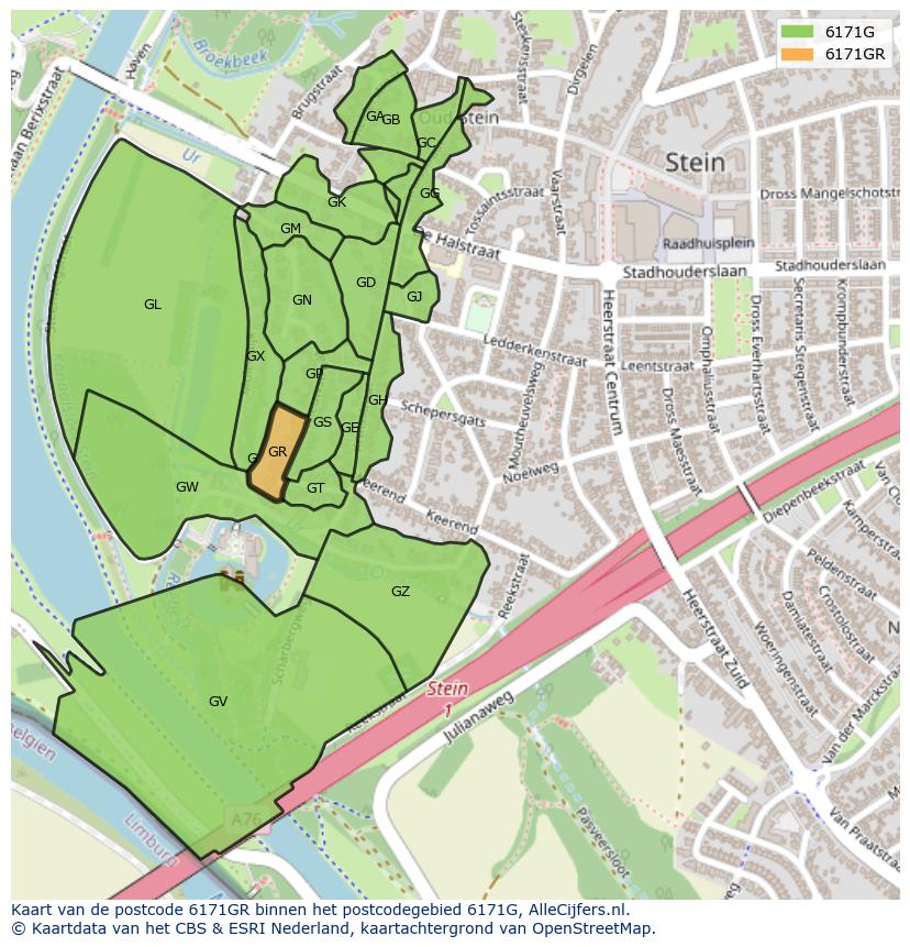 Afbeelding van het postcodegebied 6171 GR op de kaart.