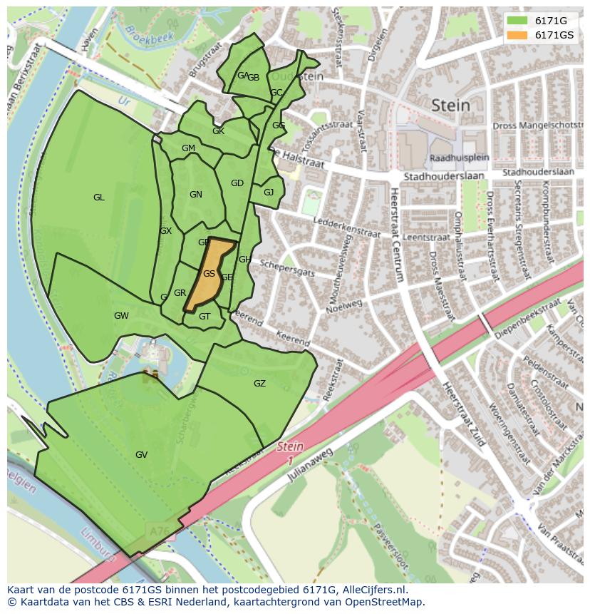 Afbeelding van het postcodegebied 6171 GS op de kaart.