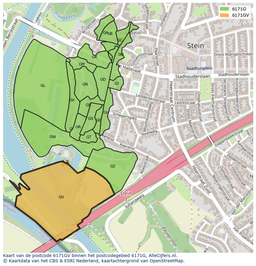Afbeelding van het postcodegebied 6171 GV op de kaart.