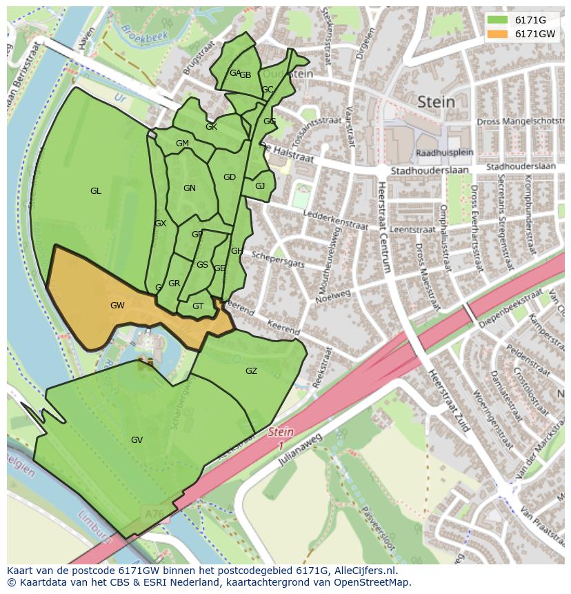 Afbeelding van het postcodegebied 6171 GW op de kaart.
