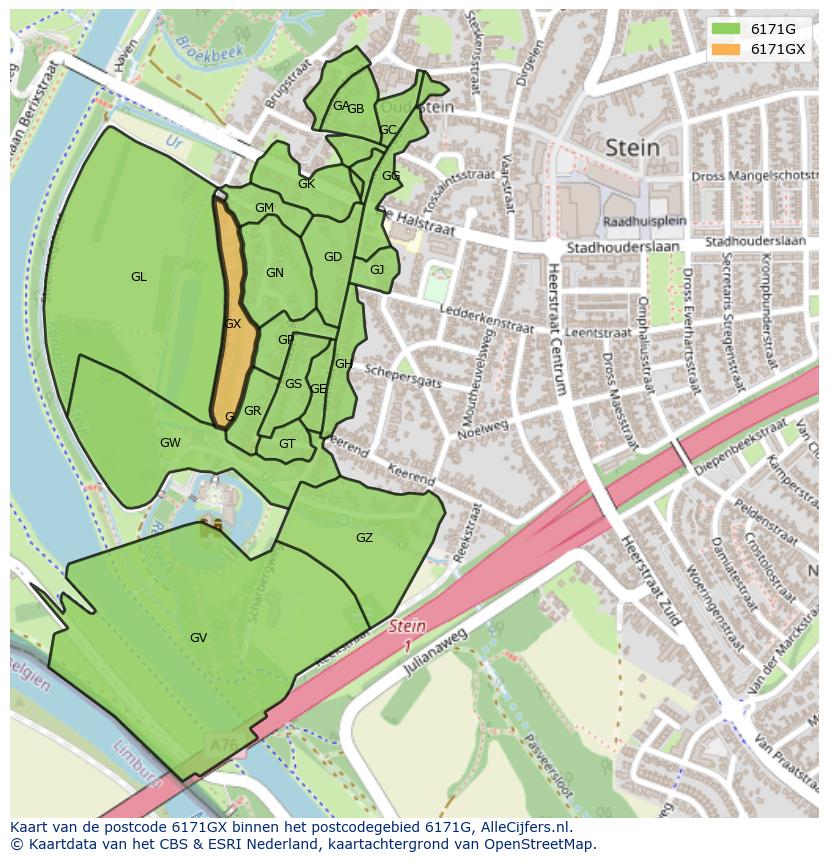 Afbeelding van het postcodegebied 6171 GX op de kaart.