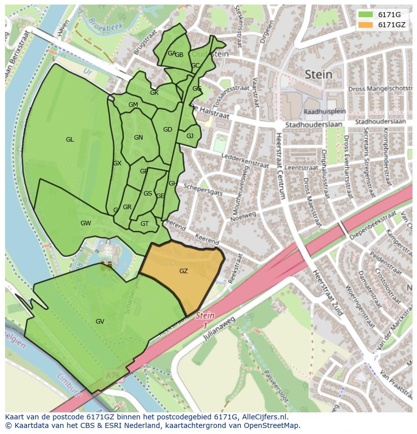 Afbeelding van het postcodegebied 6171 GZ op de kaart.