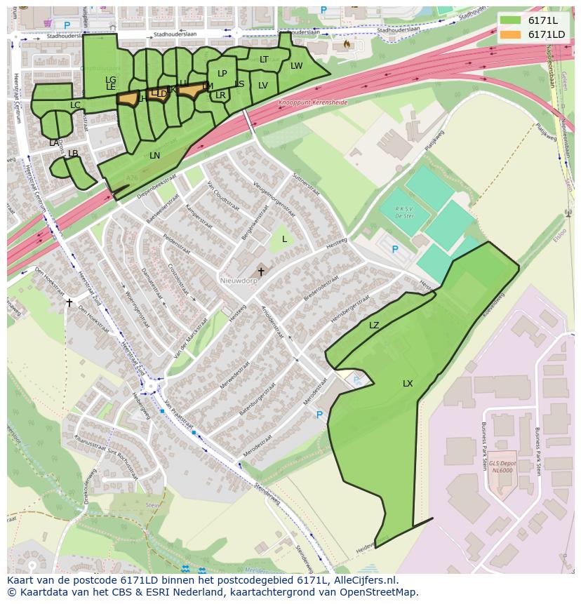 Afbeelding van het postcodegebied 6171 LD op de kaart.