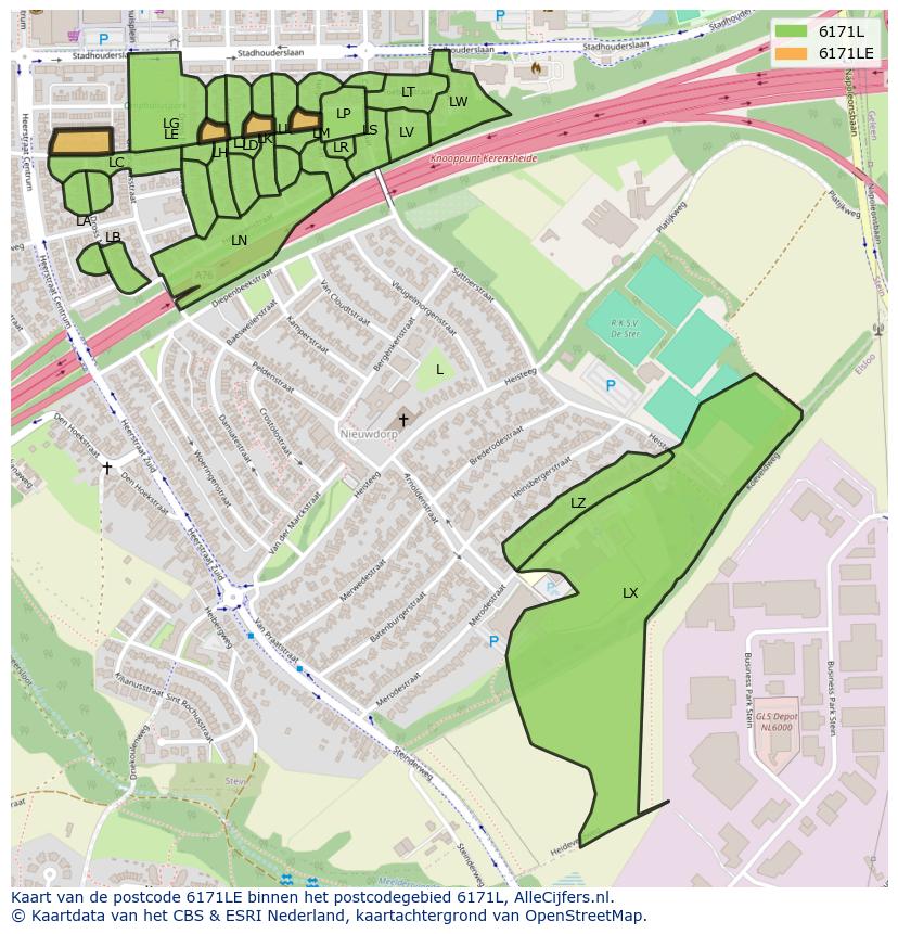 Afbeelding van het postcodegebied 6171 LE op de kaart.