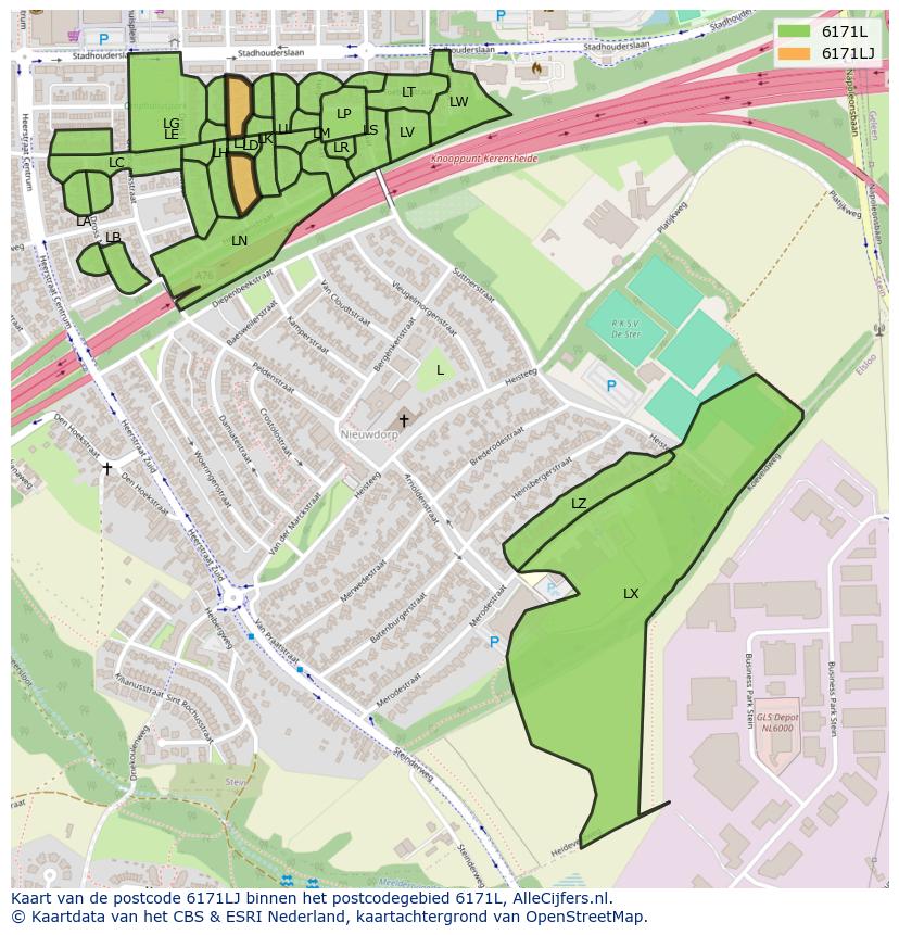 Afbeelding van het postcodegebied 6171 LJ op de kaart.