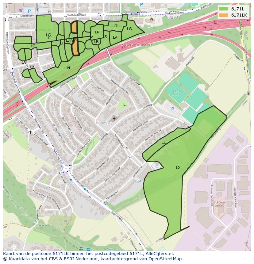 Afbeelding van het postcodegebied 6171 LK op de kaart.