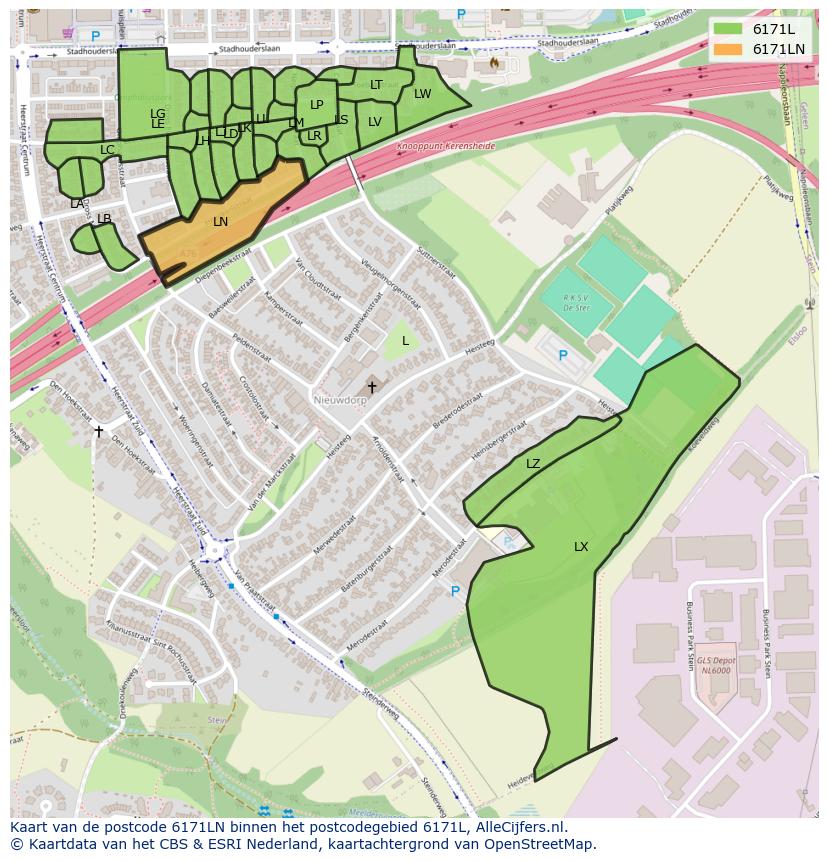 Afbeelding van het postcodegebied 6171 LN op de kaart.