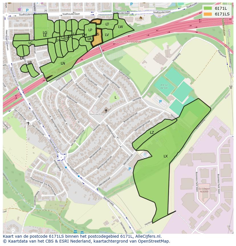 Afbeelding van het postcodegebied 6171 LS op de kaart.