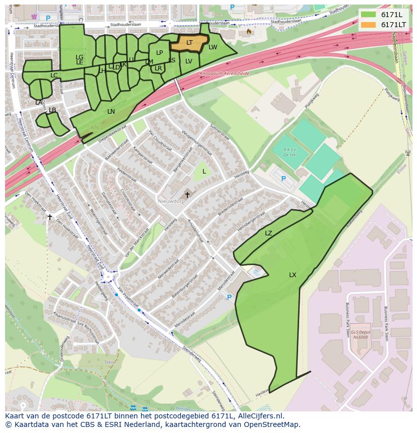 Afbeelding van het postcodegebied 6171 LT op de kaart.