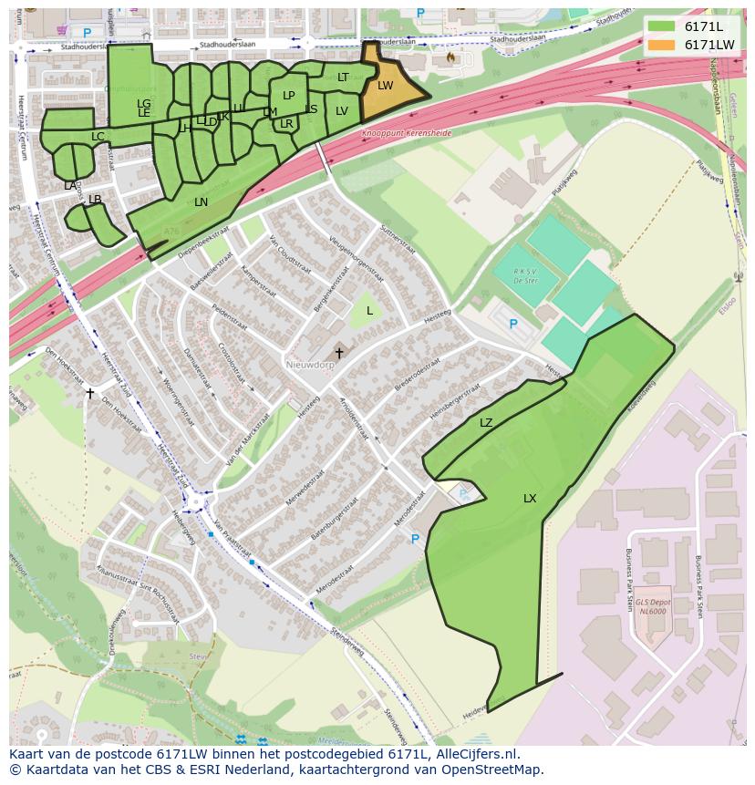 Afbeelding van het postcodegebied 6171 LW op de kaart.