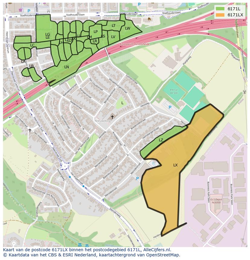 Afbeelding van het postcodegebied 6171 LX op de kaart.