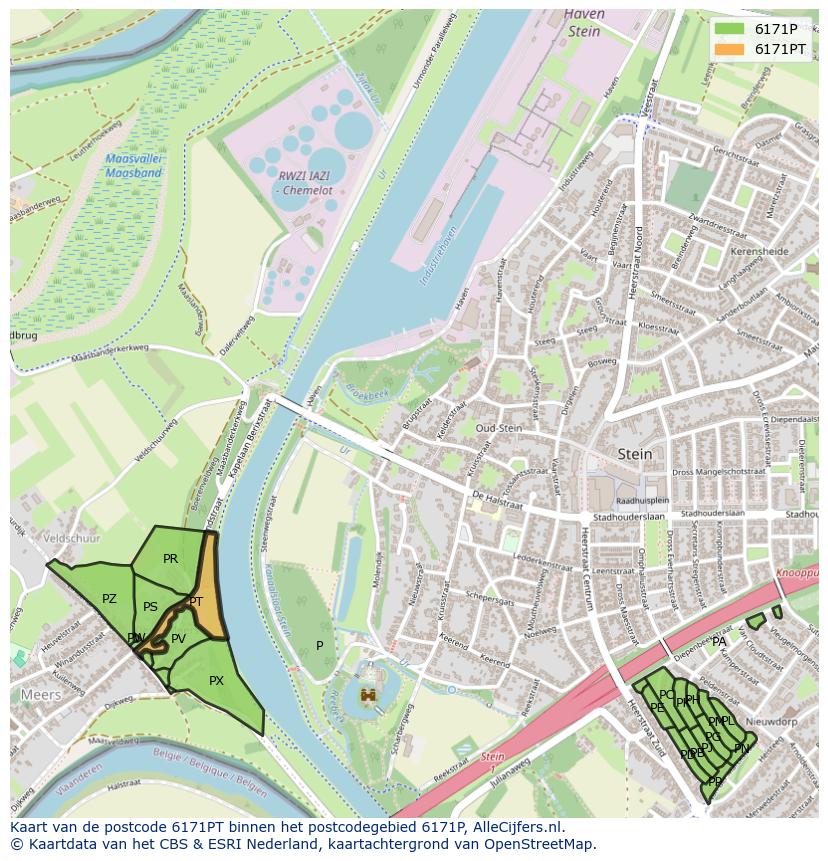 Afbeelding van het postcodegebied 6171 PT op de kaart.