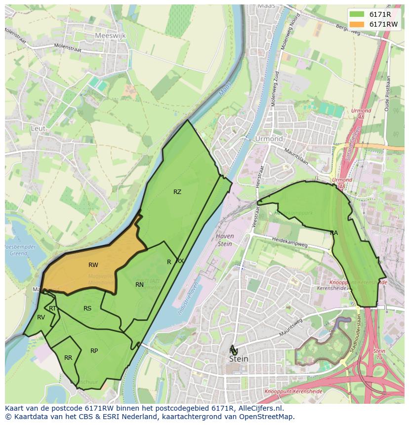 Afbeelding van het postcodegebied 6171 RW op de kaart.
