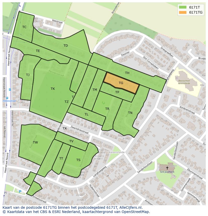 Afbeelding van het postcodegebied 6171 TG op de kaart.