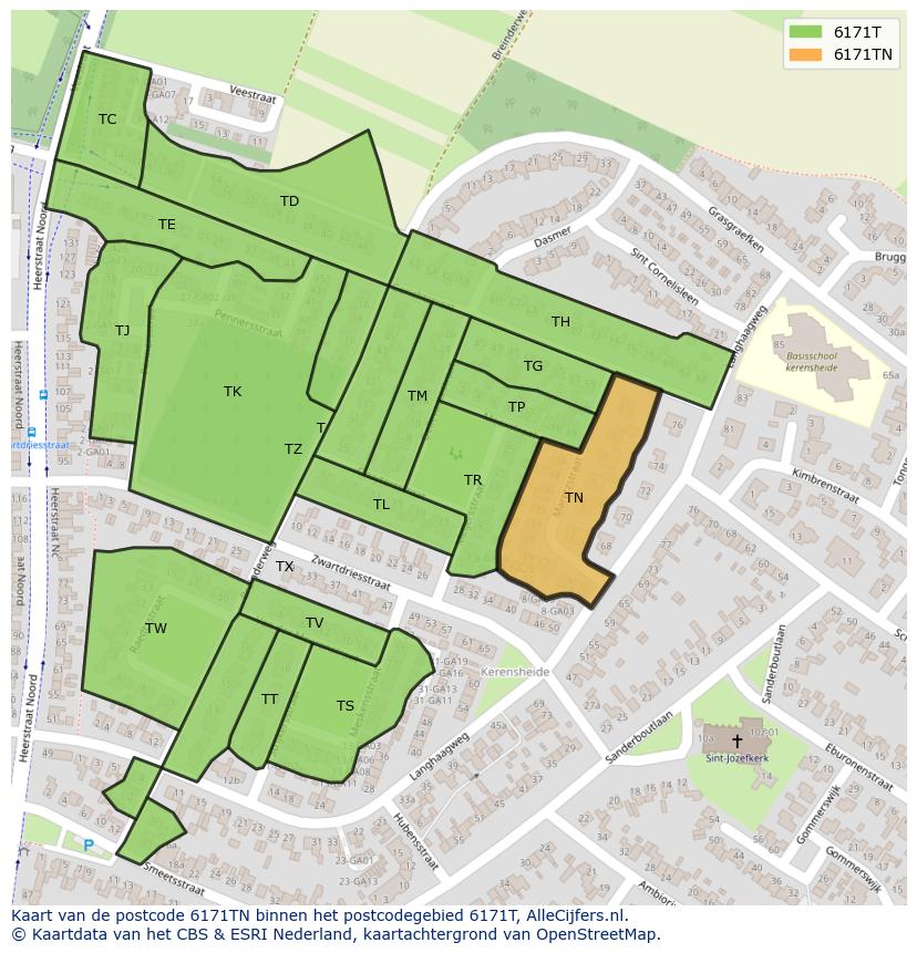 Afbeelding van het postcodegebied 6171 TN op de kaart.