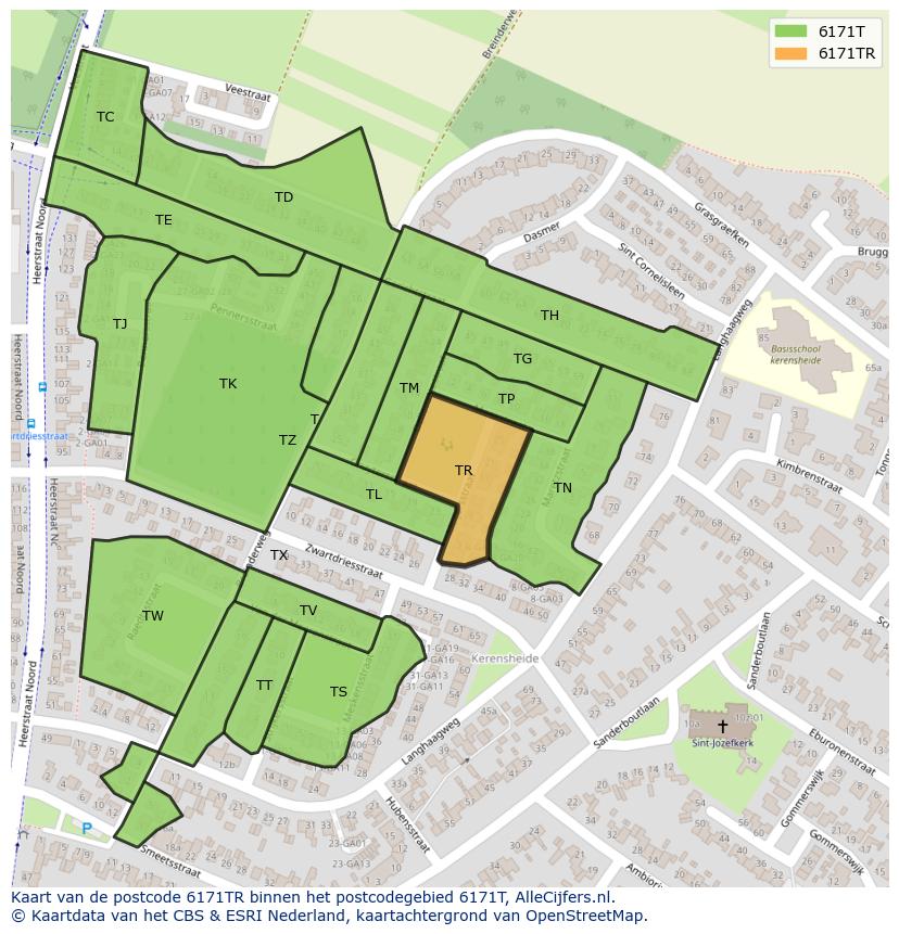 Afbeelding van het postcodegebied 6171 TR op de kaart.
