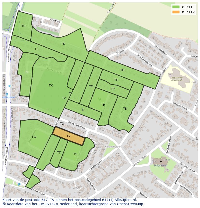 Afbeelding van het postcodegebied 6171 TV op de kaart.