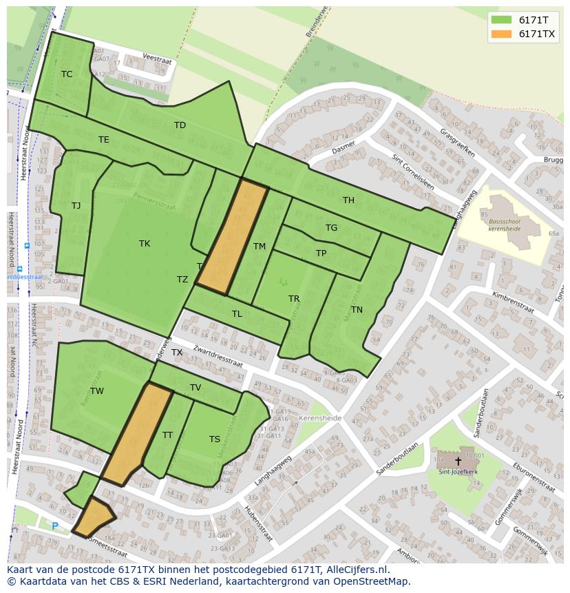 Afbeelding van het postcodegebied 6171 TX op de kaart.
