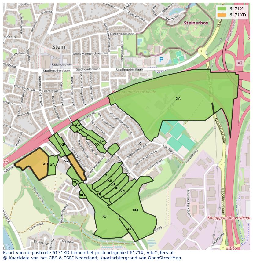 Afbeelding van het postcodegebied 6171 XD op de kaart.
