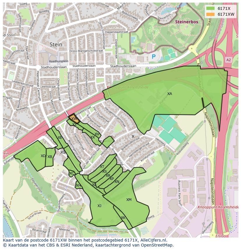 Afbeelding van het postcodegebied 6171 XW op de kaart.