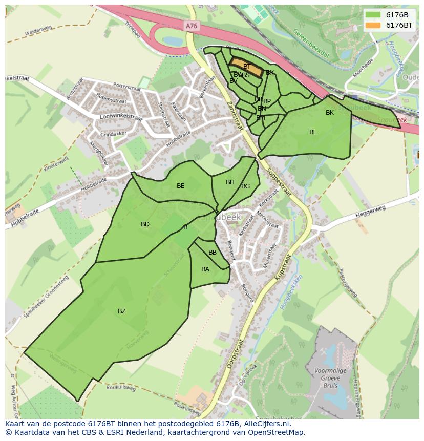 Afbeelding van het postcodegebied 6176 BT op de kaart.
