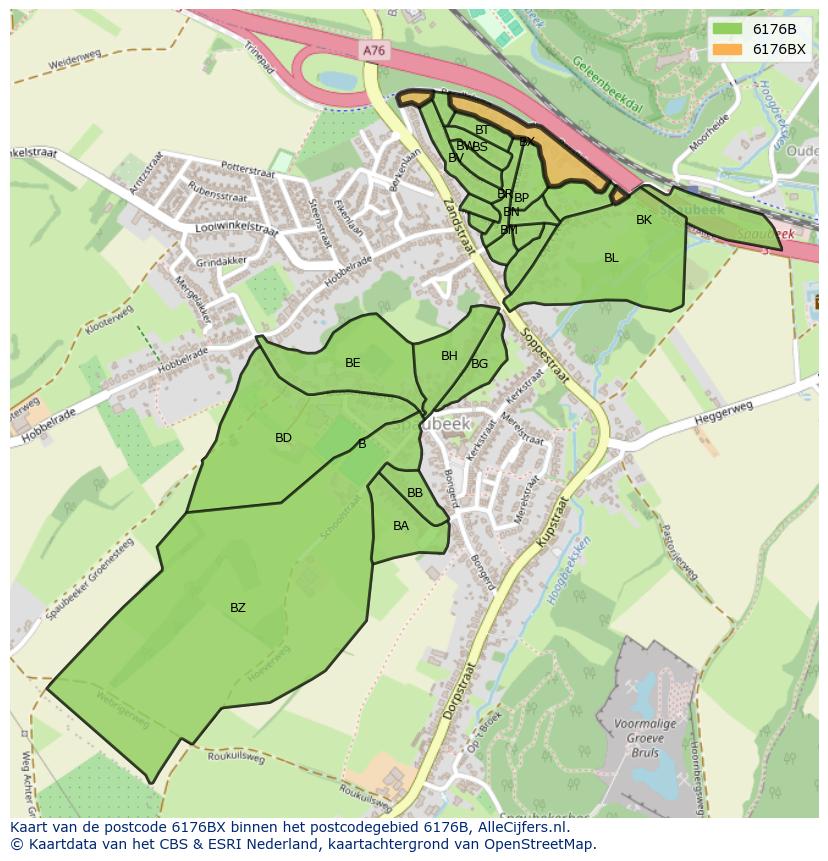 Afbeelding van het postcodegebied 6176 BX op de kaart.
