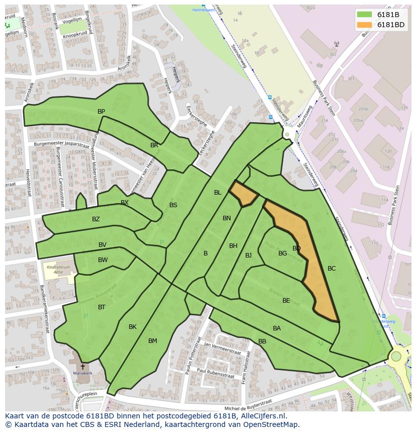Afbeelding van het postcodegebied 6181 BD op de kaart.