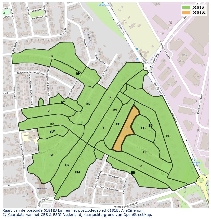 Afbeelding van het postcodegebied 6181 BJ op de kaart.
